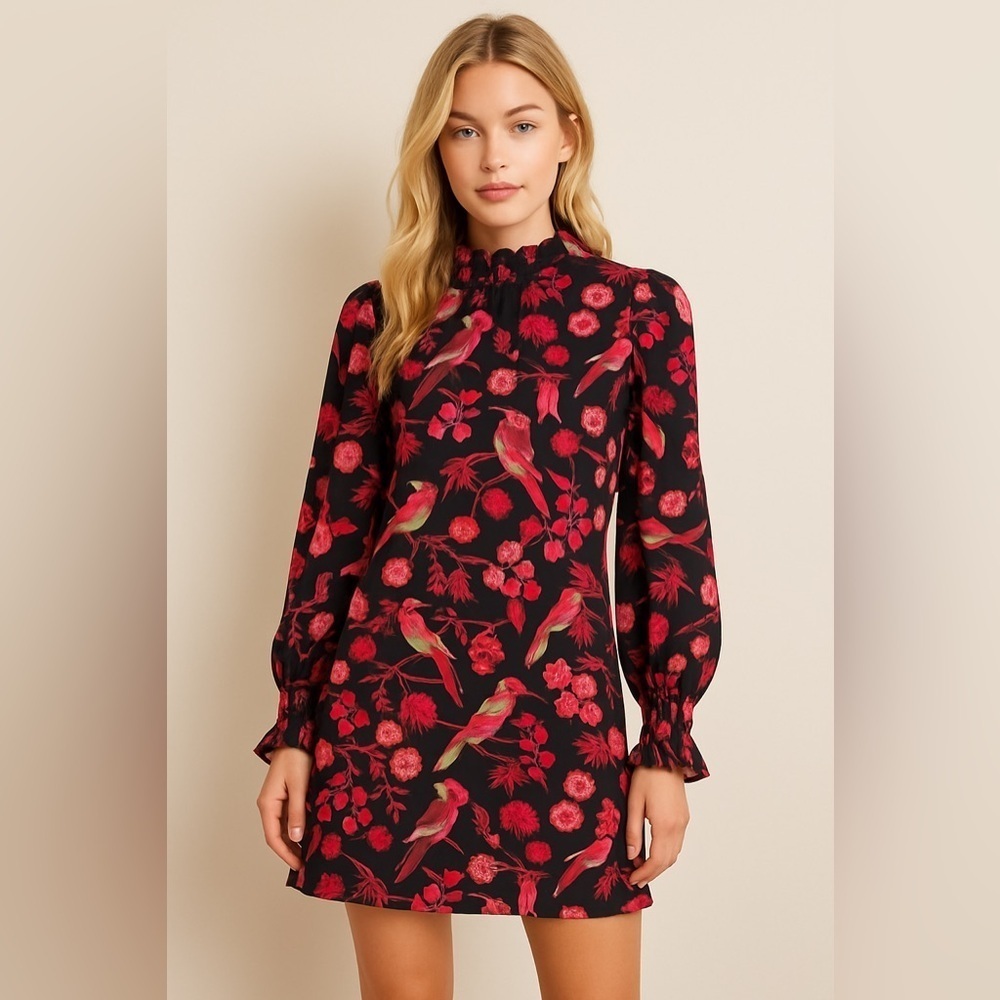 660 Olivia James Emma Dress, Vintage Bird Size Large Color Black Red - Picture 2 of 6